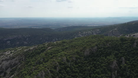Herault-valley-landscape-aerial-view-with-mountain-and-scrubland,-garrigue.